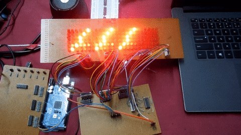 A 6 by 24 LED grid on a breadboard spelling a letter